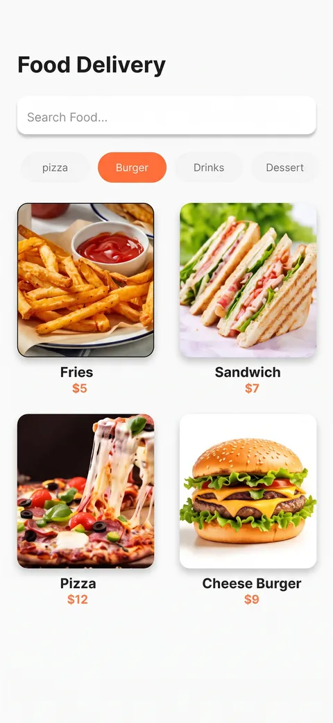 The app screenshot: a food delivery menu with fries, a sandwich, pizza and a burger