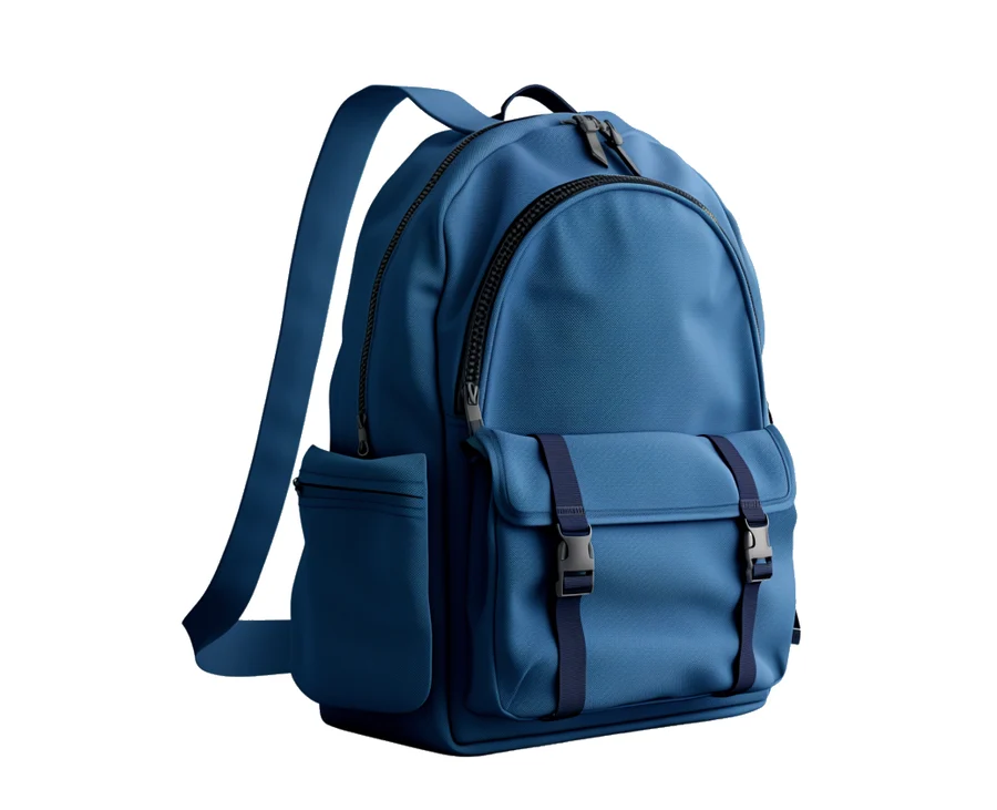 The product photo: a blue backpack on white